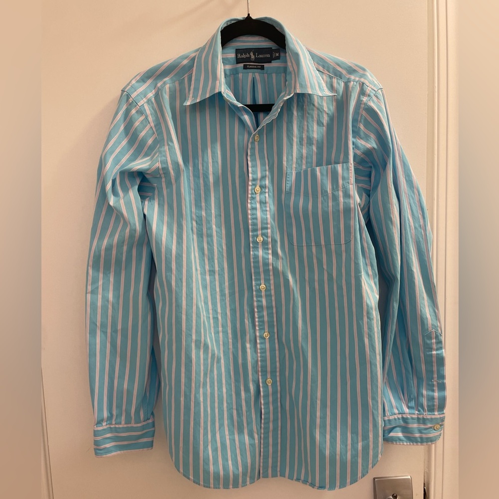 Ralph Lauren Men's Aqua and White Striped Shirt